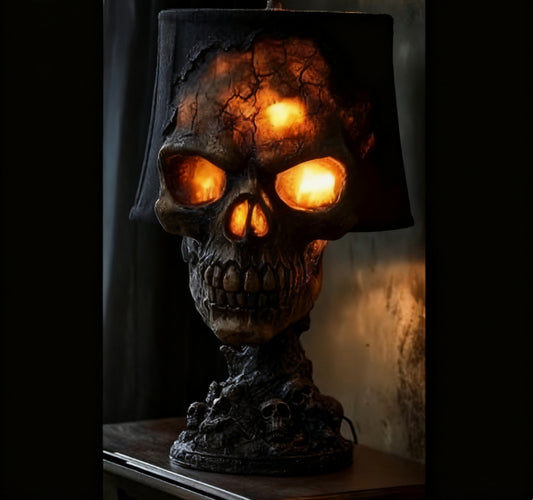 Morroween Lava Stone Skull Lamp - detail of molten orange LED veins