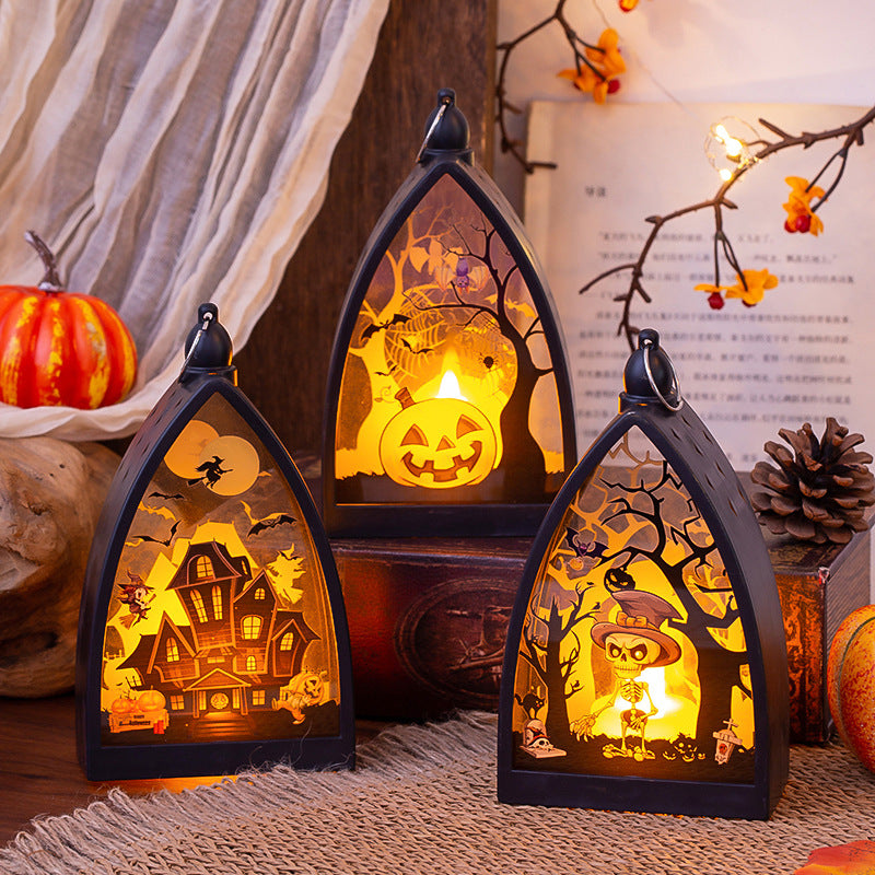 Morroween Glowing Skeleton Castle Lamp - flicker LED wind lamp, castle pumpkin skull designs