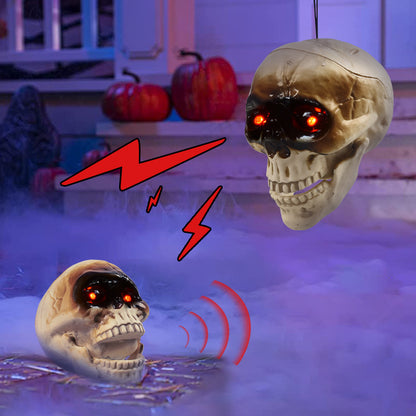 Morroween Animated Floating Skull - lit at night