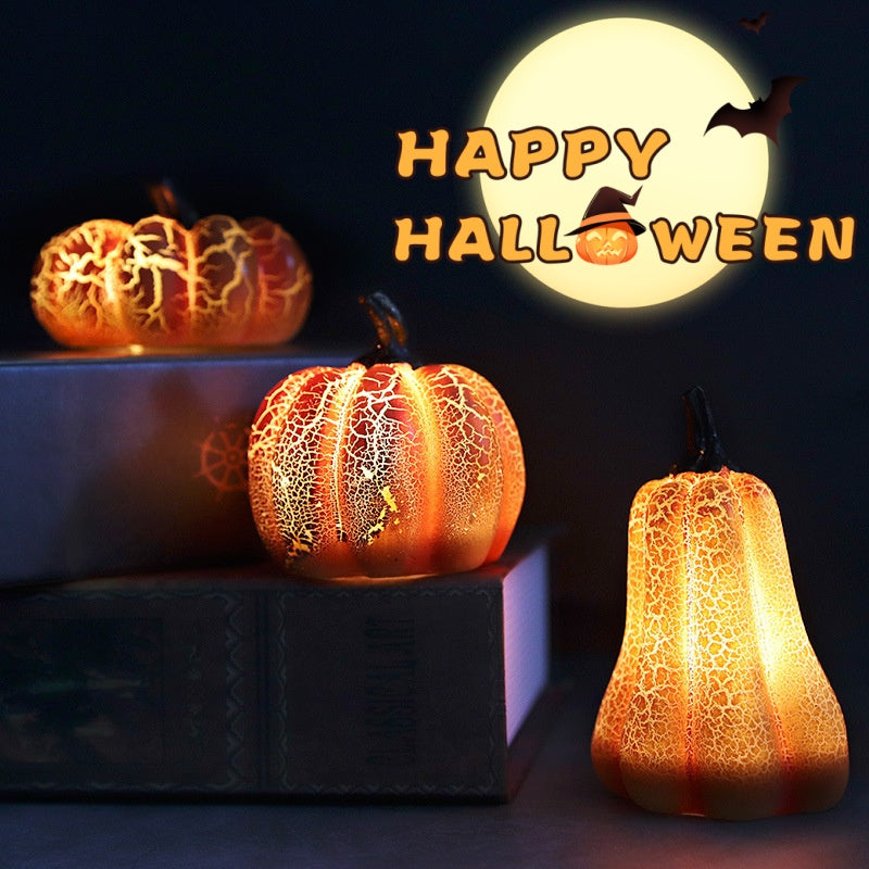 Morroween Luminous Pumpkin LED Lantern - resin pumpkin lamp with warm crackle-glass LED glow