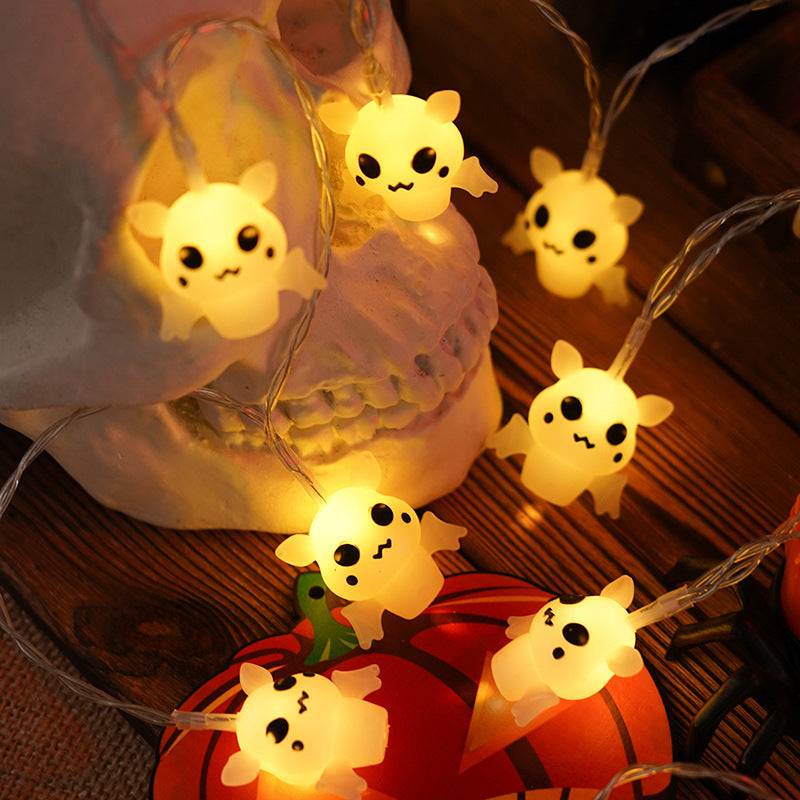 Morroween Pumpkin Bat Ghost Light Chain - lit at night