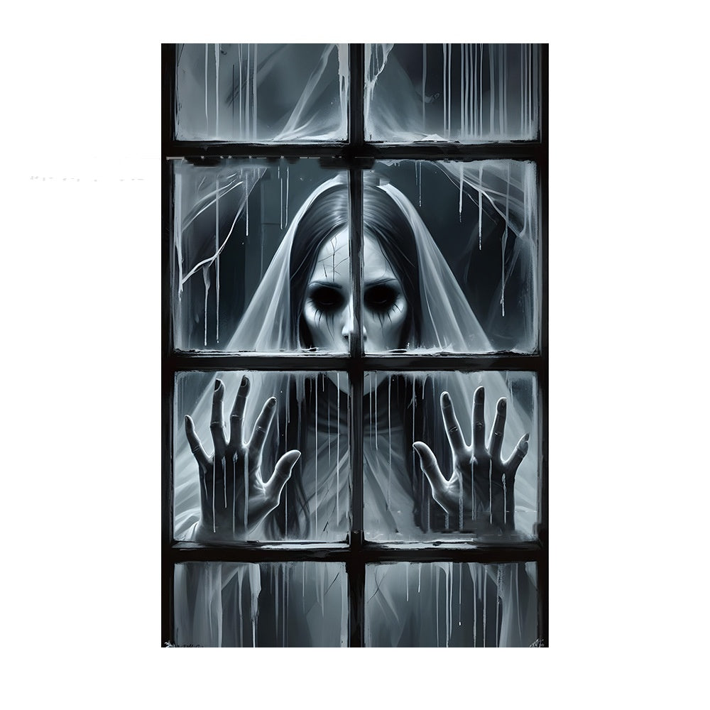 Morroween Witch Window Backdrop Banner - night time display