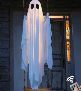 Morroween Hanging Ghost Swing - glowing at night