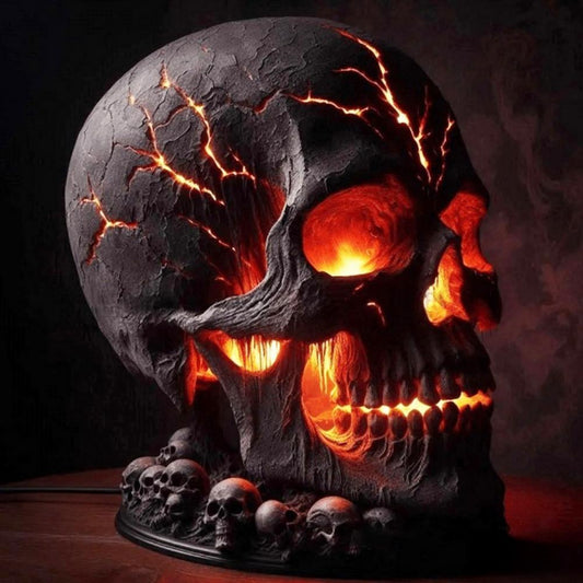 Morroween Lava Stone Skull Lamp - glowing skull desk lamp with molten orange LED light