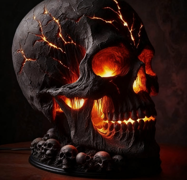 Morroween Lava Stone Skull Lamp - lit in a dark room