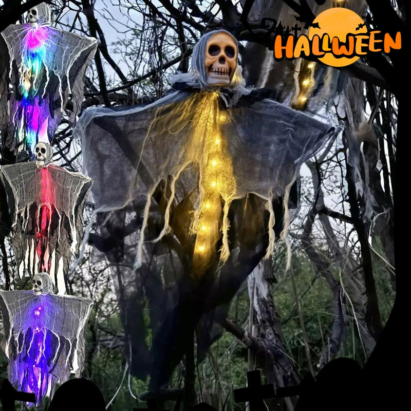 Morroween Hanging Ghost Skull Prop - glowing Halloween ghost and skull yard decoration