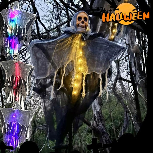 Morroween Hanging Ghost Skull Prop - glowing Halloween ghost and skull yard decoration