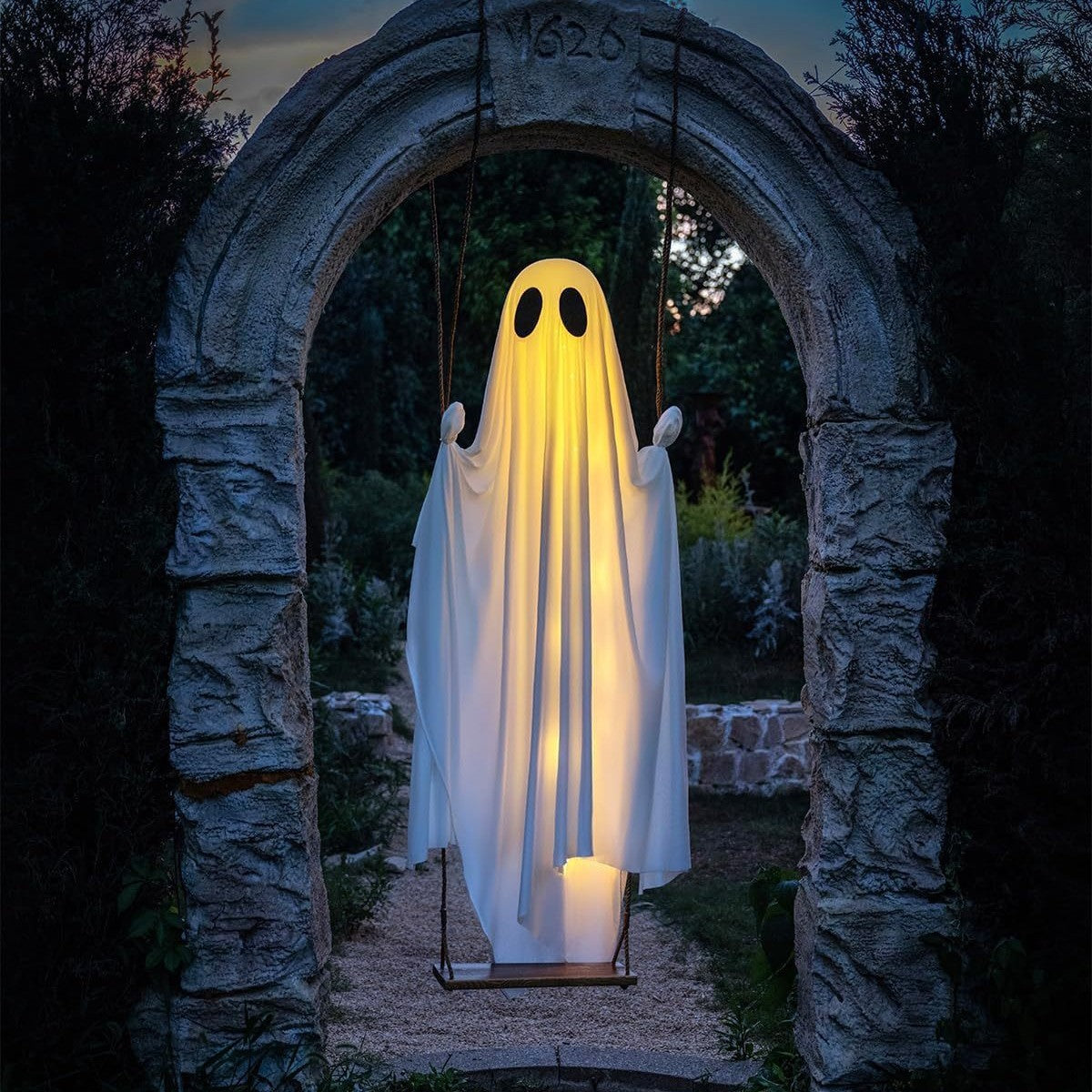 Morroween Hanging Ghost Swing - glowing white ghost outdoor Halloween decoration