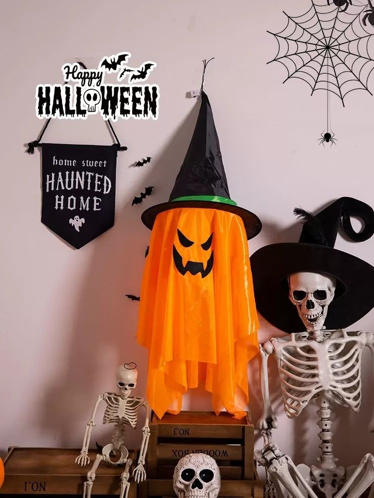 Morroween Glowing Ghost Wizard Hat Set - glowing at night on a porch