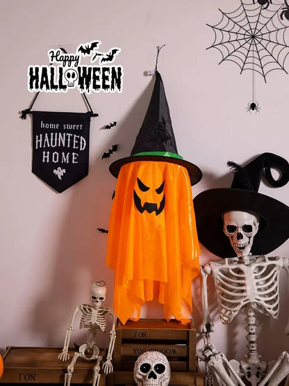 Morroween Glowing Ghost Wizard Hat Set - glowing at night on a porch