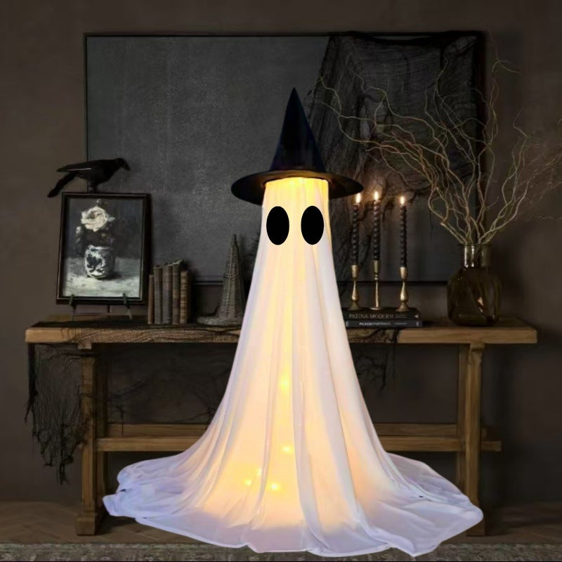 Morroween Spooky Ghost Yard Stake - night time porch display