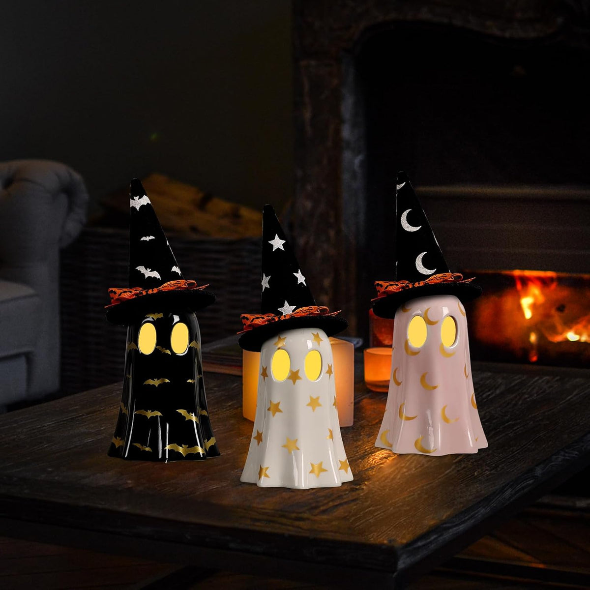 Ceramic Ghost Trio with Witch Hats