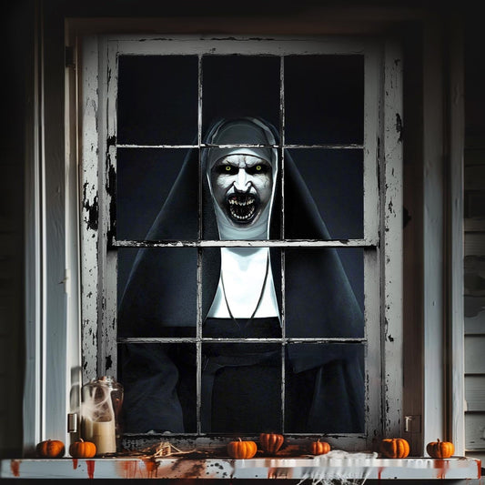 Morroween Witch Window Backdrop Banner - Halloween ghost witch photo backdrop for windows and doors