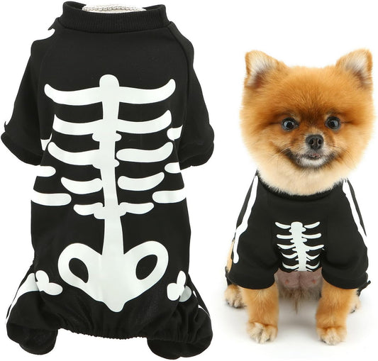 Morroween Glow-in-the-Dark Skeleton Dog Costume - stretchy skeleton jumpsuit for small dogs, sizes S-XL