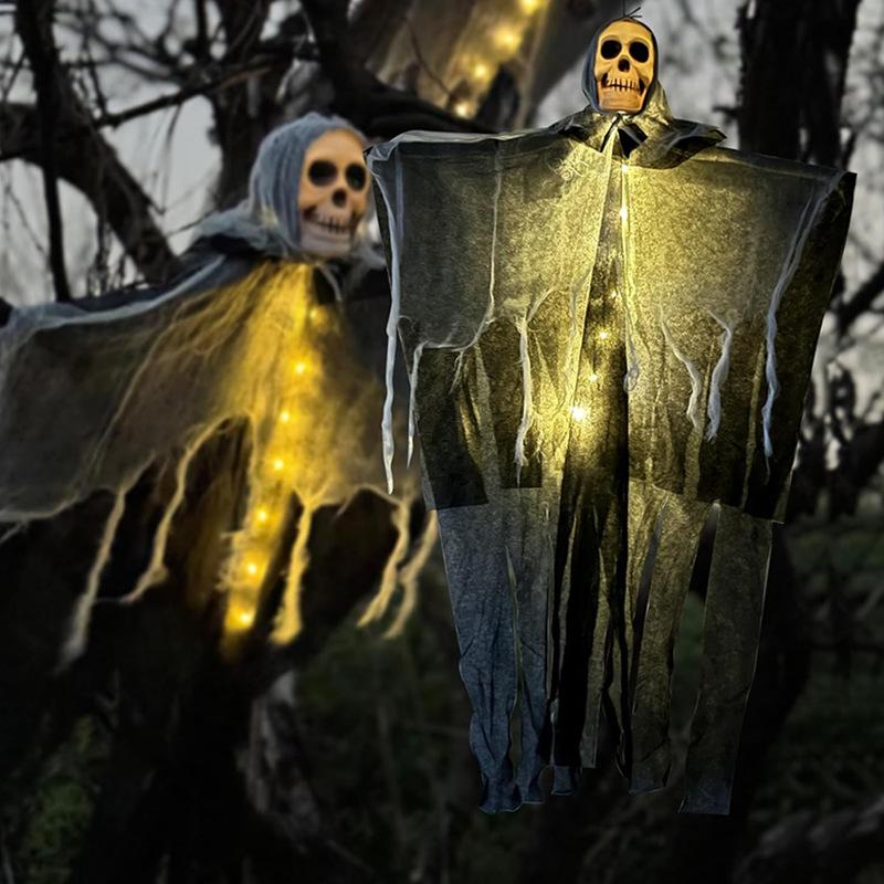 Morroween Hanging Ghost Skull Prop - hung on a porch